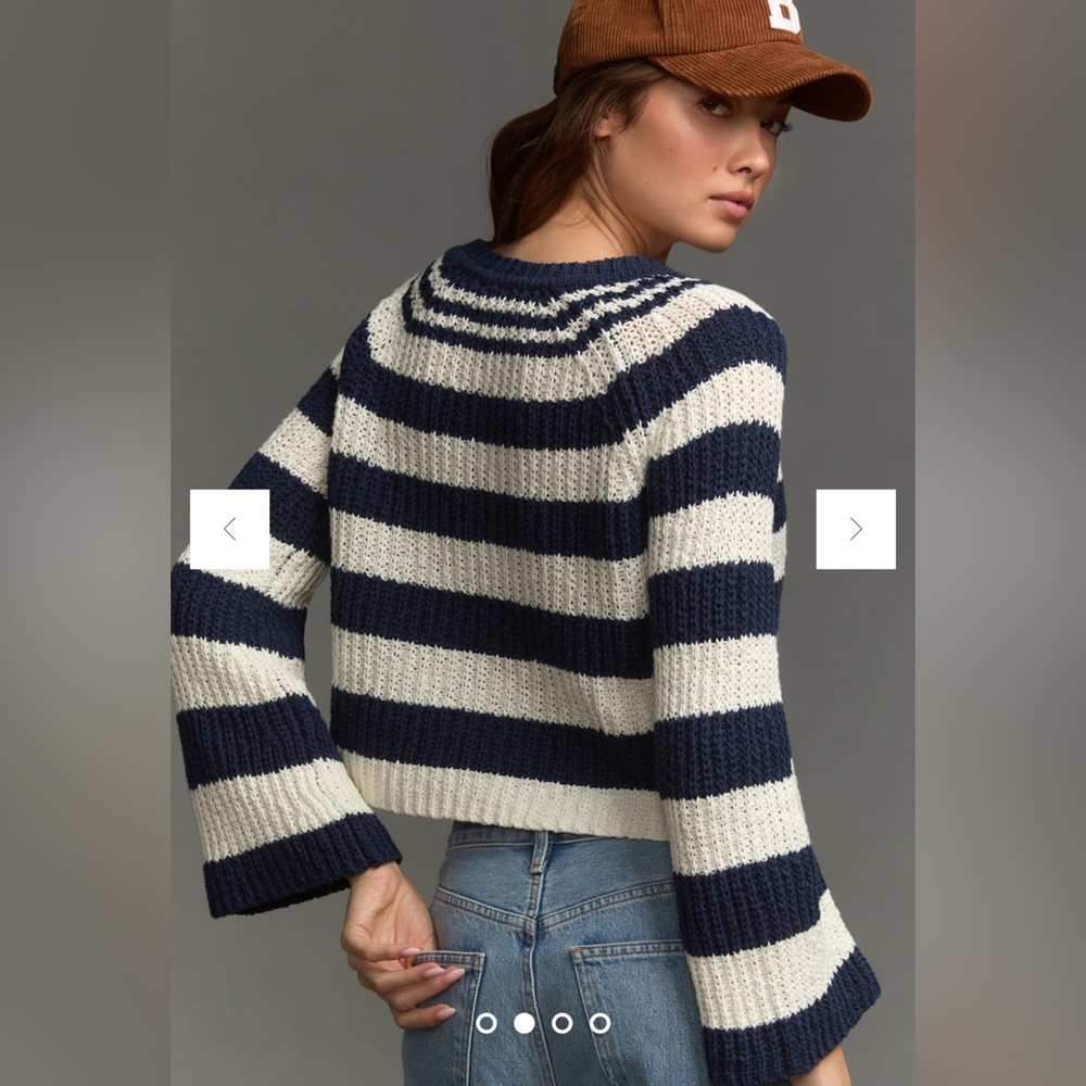 Pilcro Bell-Sleeve Henley Sweater Striped Navy Blue Cream size XXS - Picture 8 of 12